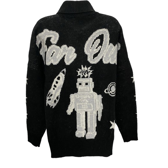 Spirit Jersey NWT Unisex Black Zip Up Cardigan Sweater Far Out Robot Oversized S - Picture 1 of 10
